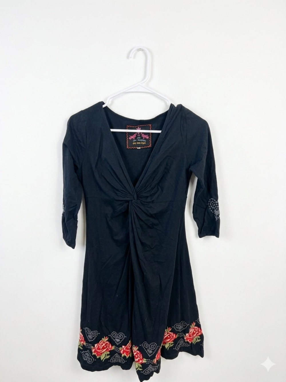 Johnny Was Black Dress with Red Floral Trim